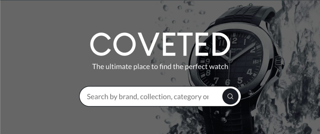 grey website header box with brand name coveted in white bold text and white search bar with faded watch movmenet image in the background