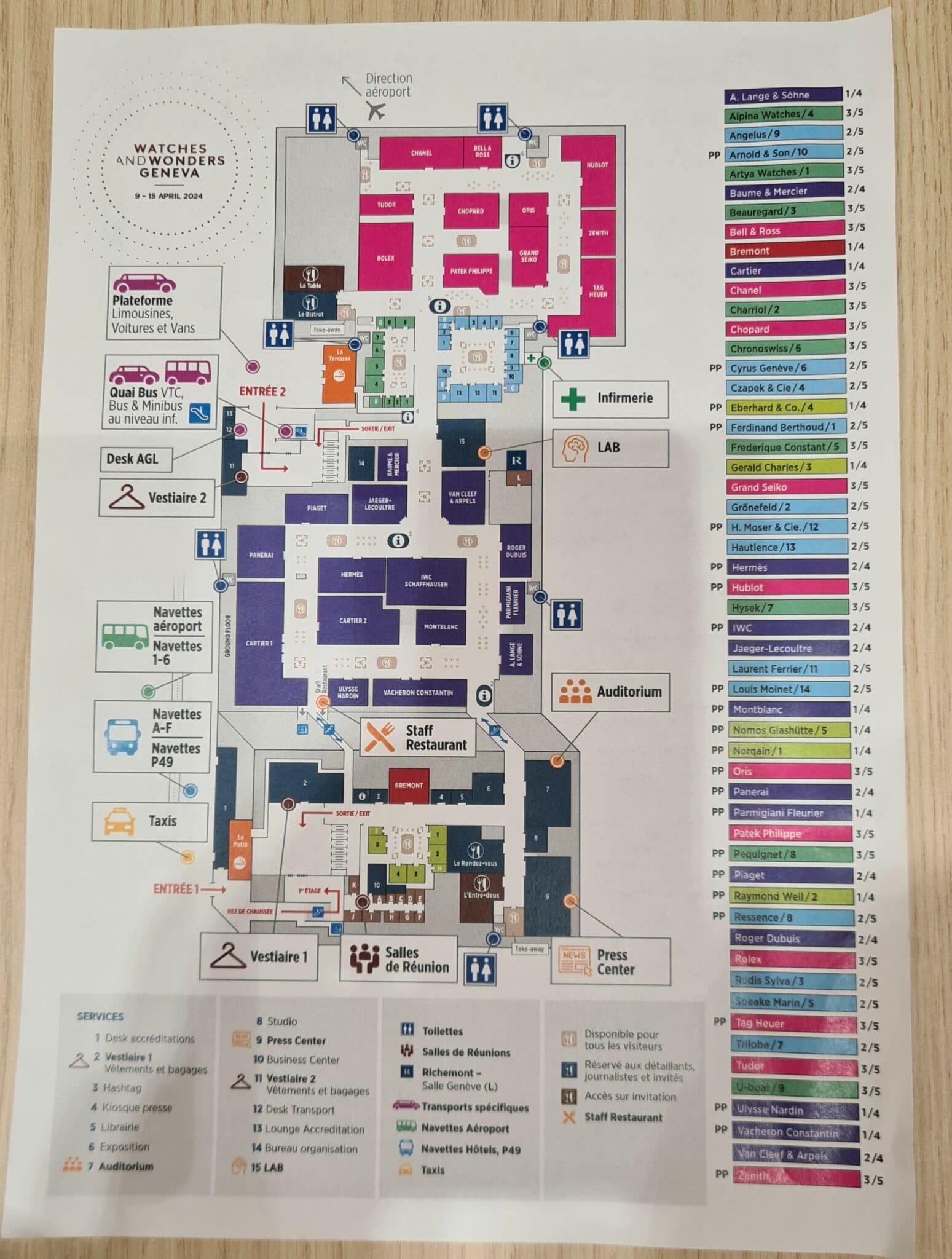 a detailed plan of the trade show layout showing different stands in different colours and the restaurants and toilets etc with clear labels