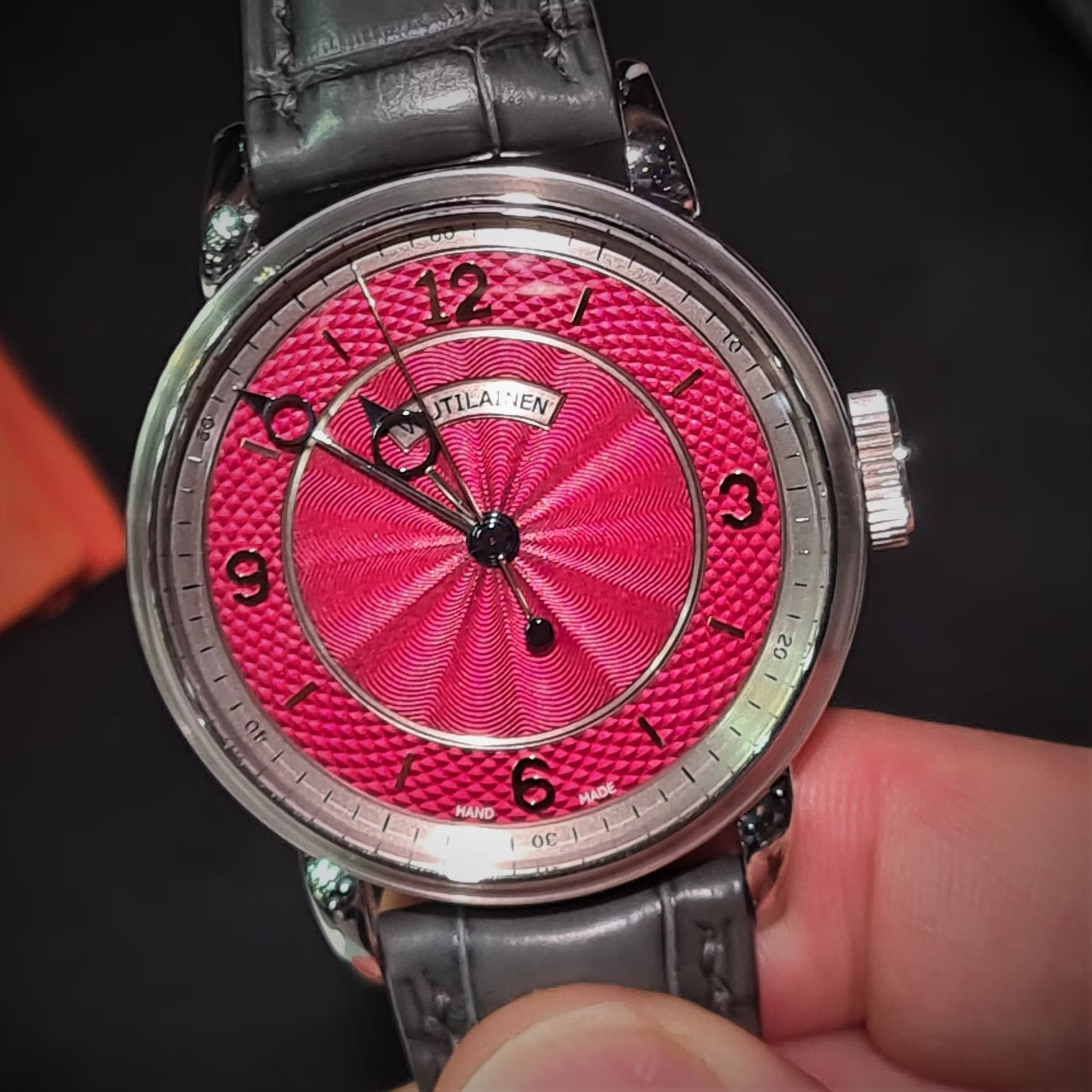 A handmade watch by famous watchmaker Kari Voutilainen. These are incredibly rare and expensive and have a very long waiting list. To see them up close at a watch show is a fun privilege, even if you will never actually own one.