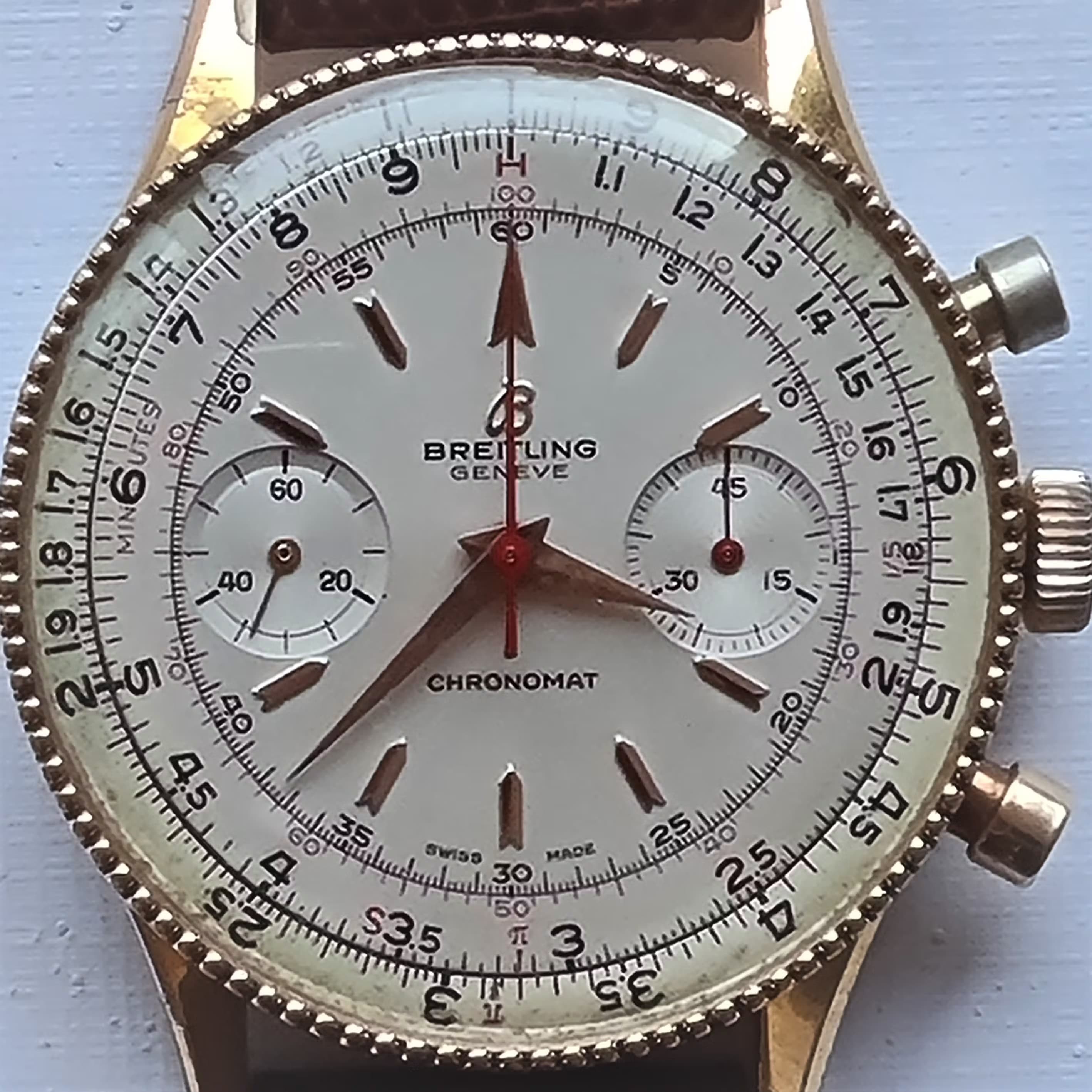 A Breitling Chronomat from the 1960s with the Slide Rule Bezel on the outside.