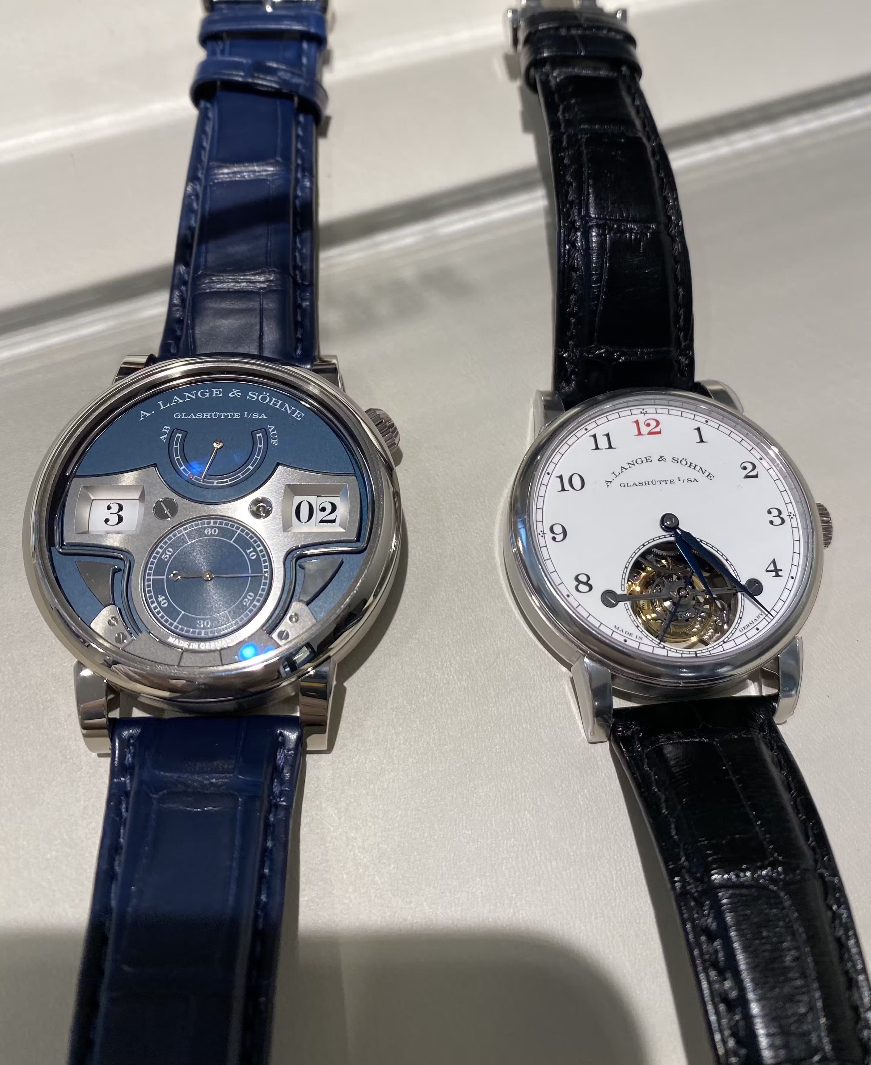 A pair of A Lange & Sohne watches in a brand boutique