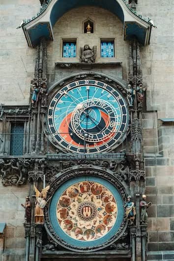 The Orloj Clock in Prague, Czechia, a public astronomical clock dating from the 14th century. The tiny silver ball shows the rotation and phases of the moon.