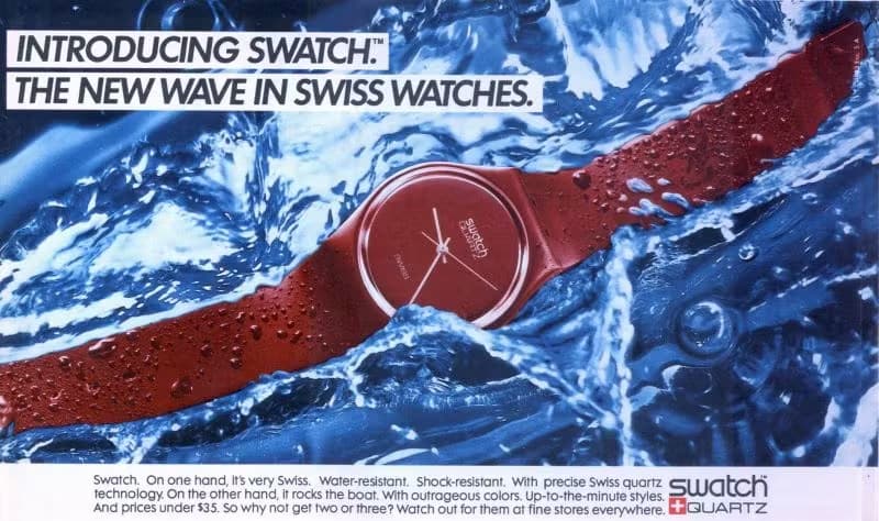 One of the first advertisements for Swatch in the USA from 1983, with sporty associations and the tagline "The New Wave in Swiss Watches"