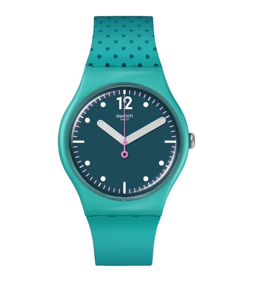 light blue green swatch watch for Pairs olympics 2024 with darker green dial bright white hands and pink second hand