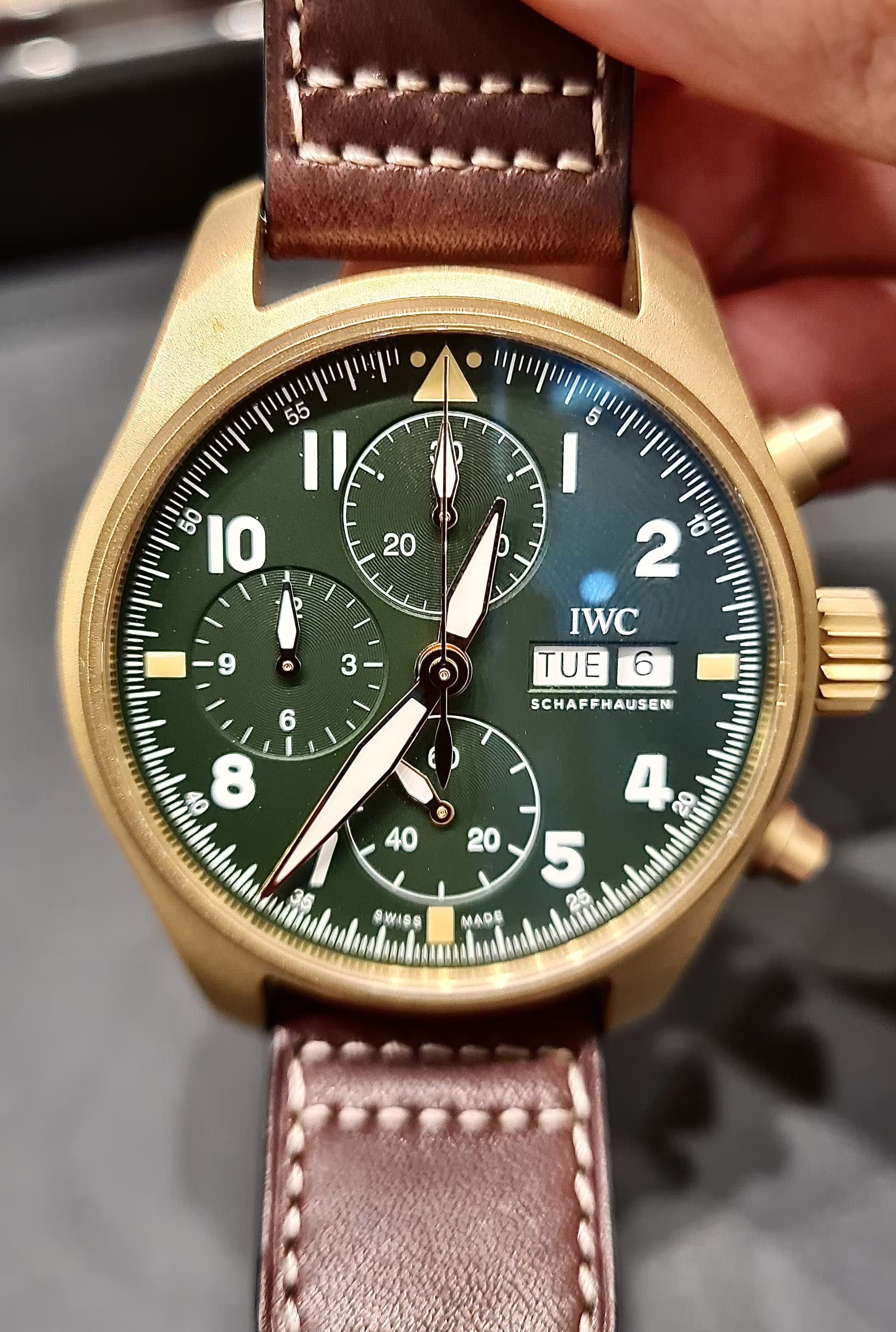 A modern IWC Spitfire Chronograph. You can clearly see the pusher buttons at 2 and 4 o'clock