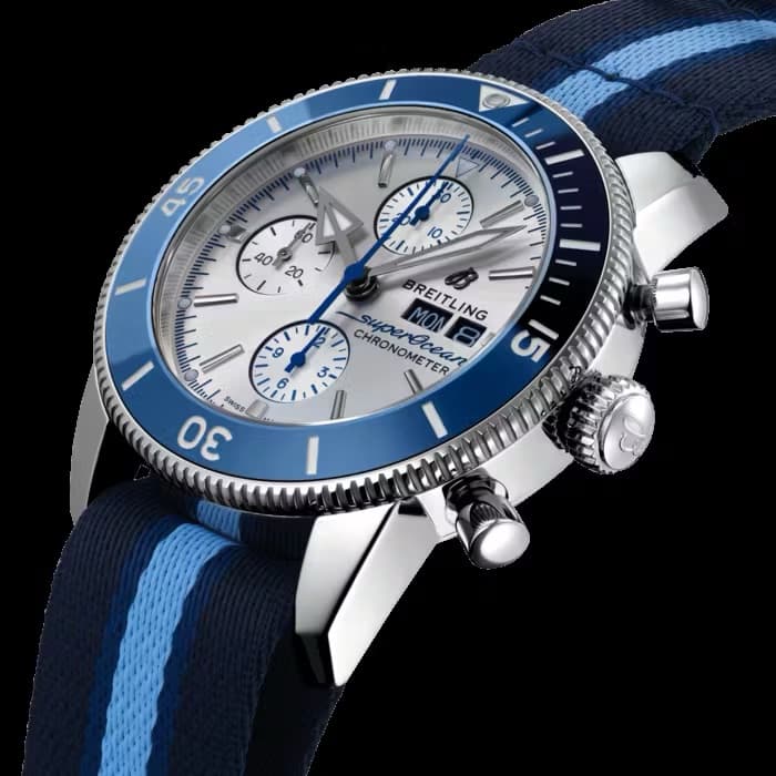 The Breitling SuperOcean Heritage Ocean Conservancy with a strap made of recycled fishing nets.