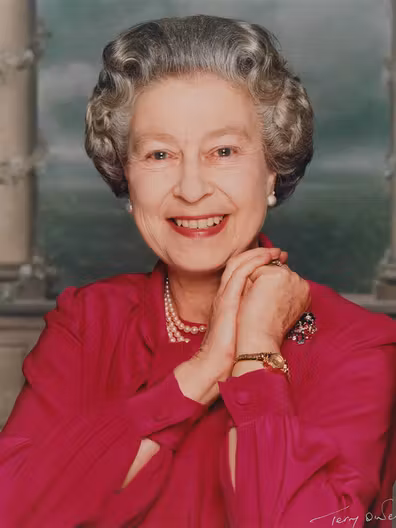 A Famous portrait of the Queen from 1992 by Terry Owens, in which she wears an Omega Ladymatic watch.