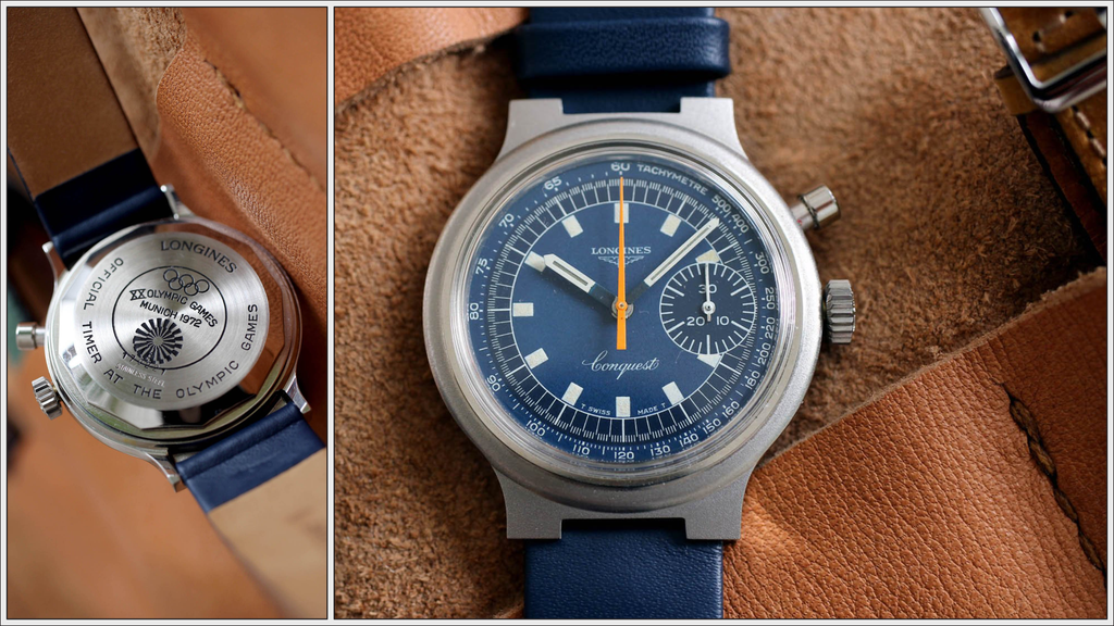 blue dial Longines Conquest monopusher for the 1972 olympics with bright organse chrono seconds hand, subidal at 3 o'clock, steel case and blue strap