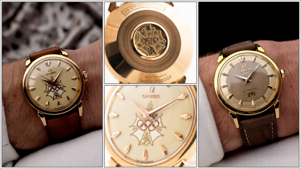 series of pictures of gold omega seamaster watch with olympic rings and cross of merit on fthe dia, godl hands and engraved caseback from melbourne 1952 olympics