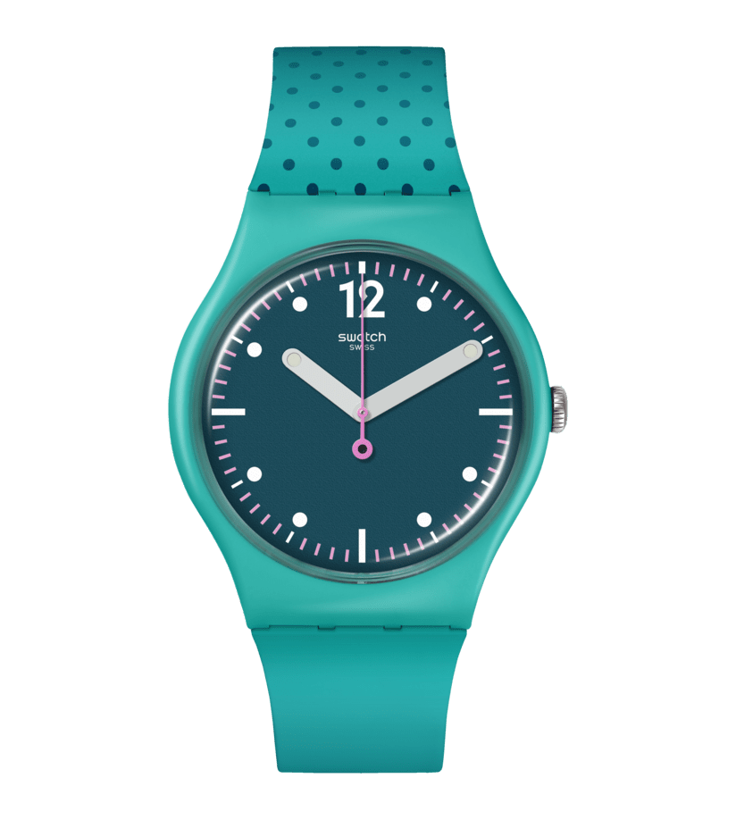 light blue green swatch watch for Pairs olympics 2024 with darker green dial bright white hands and pink second hand